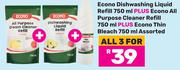 Econo Dishwashing Liquid Refill 750ml+All Purpose Cleaner Refill 750ml+Thin Bleach 750ml-For All 3