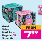 Great Value Maxi Pads Regular Or Super-8s Pack