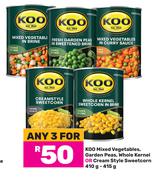 Koo Mixed Vegetables, Garden Peas, Whole Kernel Or Cream Style Sweetcorn-For 3 x 410g-415g