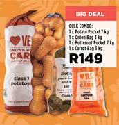 Bulk Combo Of Potato Pocket 7kg, Onion Bag 3kg, Butternut Pocket 7kg And Carrot Bag 3kg-Per Combo