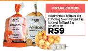 Potjie Combo Of Baby Potato 1kg. Pickling Onion Thriftpack 1kg. Carrot Thriftpack 1Kg & Garlic Sock