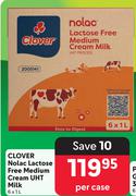 Clover Nolac Lactose Free Medium Cream UHT Milk-6 x 1L Per Case