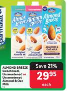 Blue Diamond Almond Breeze Sweetened,Unsweetened Or Unsweetened Almond & Oat Milk-1L Each