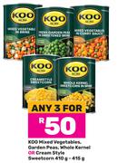 Koo Mixed Vegetables, Garden Peas, Whole Kernal or Cream Style Sweetcorn-For Any 3 x 410g/415g