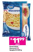 Great Value Macaroni Or Spaghetti-500g Each