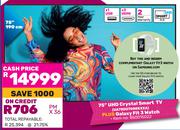 Samsung 75" (190cm) UHD Crystal Smart TV UA75DU7000KXXA Plus Galaxy Fit 3 Watch