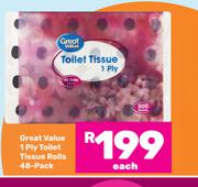 Great Value 1 Ply Toilet Tissue Rolls 48 Pack-Each