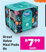 Great Value Maxi Pads-8s Each