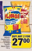 Willards Cheese Curls (Selected) Or Flings Original Maize Snack-For Any 2 x 150g