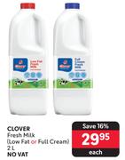 Clover Fresh Milk Low Fat Or Full Cream-2L Each