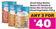 Great Value Butter Beans Or Tomato & Onion Mix Or Curried Mixed Vegetables-For 3 x 410g