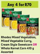 Rhodes Mixed Vegetables,Mixed Vegetables Curry (Cream Style Sweetcorn/Whole Kernel Corn)-For 4x410g