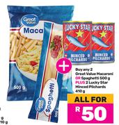 Great Value Macaroni Or Spaghetti 2 x 500g + Lucky Star Minced Pilchards 2 x 410g-All For
