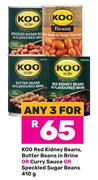 Koo Red Kidney Beans Butter Beans In Brine Or Curry Sauce Or Speckled Sugar Beans-3 x 410g