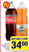 CocaCola (Light/Zero), Fanta Orange Zero, Sprite Zero,Tab Or Stoney GingerBeer Zero-For Any 2x2.5Ltr