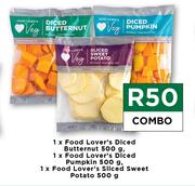 1 x Food Lovers Diced Butternut 500g, 1 x Diced Pumpkin 500g & 1 x Sliced Sweet Potato 500g Combo