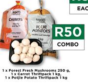 1 x Forest Fresh Mushrooms 250g, 1 x Carrot Thriftpack 1kg & 1 x Potjie Potato Thriftpacks 1kg Combo
