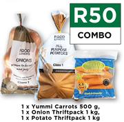 1 x Yummi Carrota 500g, 1 x Onion Thriftpack 1kg & 1 x Potato Thriftpack 1kg Combo