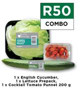 1 x English Cucumber, 1 x Lettuce Prepack & 1 x Cocktail Tomato Punnets 200g Combo