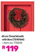 45cm Tinsel Wreath With Bow TS1016W (775234)