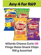 Willards Cheese Curls Or Flings Maize Snack Chips Assorted-For 4 x 150g