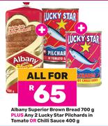 Albany Superior Brown Bread 700g & 2 x Lucky Star Pilchards In Tomato or Chilli Sauce 400g-For All