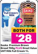 Sasko Premium Brown Bread 700g & Great Value UHT Milk Full Cream 1Ltr-For Both