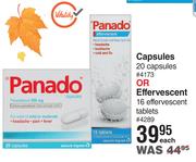 Panado Capsules 20 Capsules Or Effervescent 16 Effervescent Tablets-Each