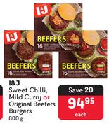 I&J Sweet Chilli, Mild Curry Or Original Beefers Burgers-800g Each
