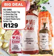 1xPotato Pocket 7Kg/1xOnion Bag 3Kg/1xCarrot Bag 3Kg/1xSweet Potato Carry Pocket 2Kg Veg Combo