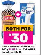 Sasko Premium White Bread 700g Plus Great Value UHT Long Life Milk 1L-Both For