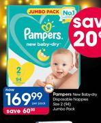 Pampers New Baby Dry Disposable Nappies Size 2(94) Jumbo Pack-Per Pack
