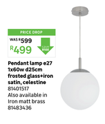 Pendant Lamp E27 1 x 60W D25cm Frosted Glass + Iron Satin, Celestine 81401517