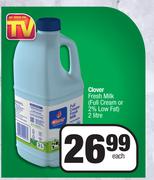 Clover Fresh Milk Full Cream Or 2% Low Fat-2L Each