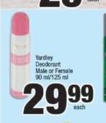 Yardley Deodorant Male Or Female 90ml & 125ml-Each