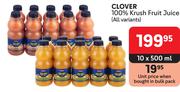 Clover 100% Krush Fruit Juice (All Variants)-10 x 500ml
