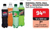 Mirinda, Pepsi, Max, 7Up Or Mountain Dew Soft Drink Bottles-12 x 500ml