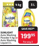 Sunlight Auto Washing Powder 4Kg Or Auto Washing Liquid 3L-For Any 2