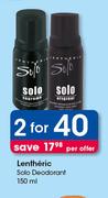 Lentheric Solo Deodorant-2x150ml Per Offer