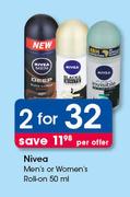 Nivea Men's Or Women's Roll On-2x50ml Per Offer