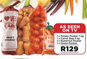 1 x Potato Pocket 7kg, 1 x Carrot Bag 3kg, 1 x Butternut Pocket, 1 x Onion Pocket