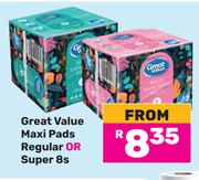 Great Value Maxi Pads Regular Or Super (Priced From)-8s
