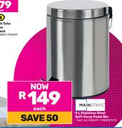 Mainstays 5Ltr Stainless Steel Soft Close Pedal Bin 850027473-Each