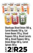 Shortcups Diced Onion 180g, Carrot Rounds 150g, Cut Green Beans 170g, Sliced Peppers 150g-For 2