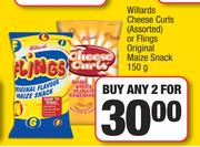 Willards Cheese Curls (Assorted) Or Flings original Maize Snack-For Any 2 x 150g