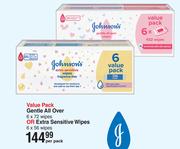 Johnson's Value Pack Gentle All Over 6 x 72 Wipes Or Extra Sensitive Wipes 6 x 56 Wipes-Per Pack