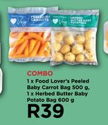 1 x Food Lover's Peeled Baby Carrot Bag 500g,1 x Herbed Butter BabyPotato Bag 600g Combo