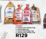 Food Lover's 1 x Potato Carry Pocket 3kg, 1 x Onion Bag 2kg, 1 x Sweet Potato Bag 2kg Combo