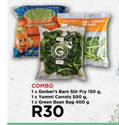 1 x Gerber's Barn Stir Fry 150g, 1 x Yummi Carrots 500g, 1 x GreenBean Bag 400g Combo
