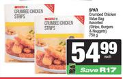 Spar Crumbed Chicken Value Bag Assorted (Strips, Burgers & Nuggets)-750g Each